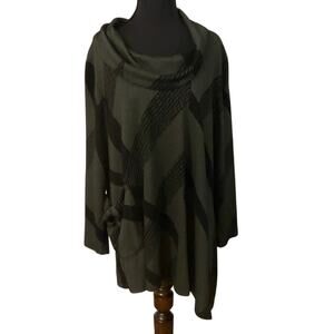 Yushi Lagenlook Asymmetrical Tunic Top Green Black Cowl Neck Pocket Medium Large